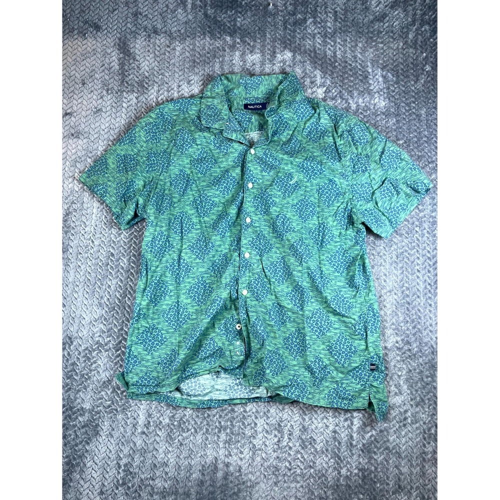 Nautica Shirt Mens XL Green Blue Tropical Cotton Stretch Camp Collar Button Up